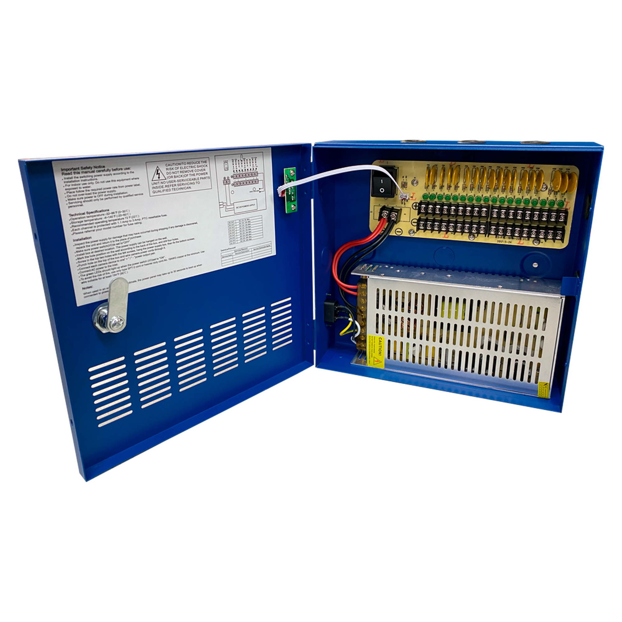 Fuente de poder profesional HEAVY DUTY de 11 - 15 Vcd @ 20 Amper, para 18 cámaras / voltaje de entrada de: 110-220 Vca